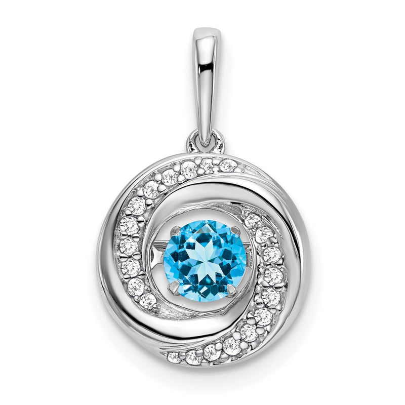 14k White Gold Round Blue Topaz and Real Diamond Pendant