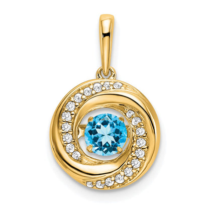 14K Yellow Gold Round Blue Topaz and Real Diamond Pendant