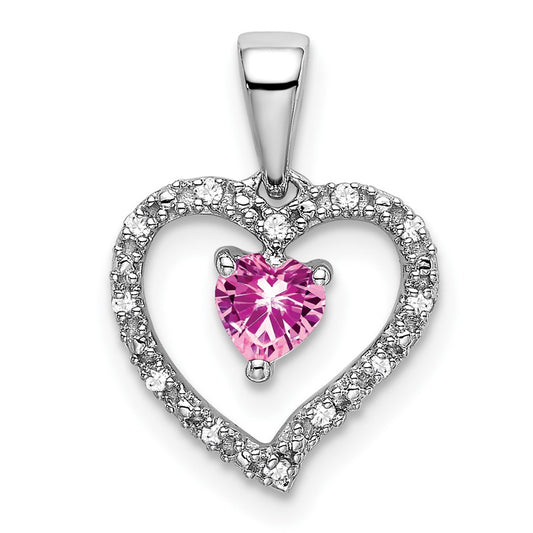 14k White Gold Pink Sapphire and Real Diamond Heart Pendant