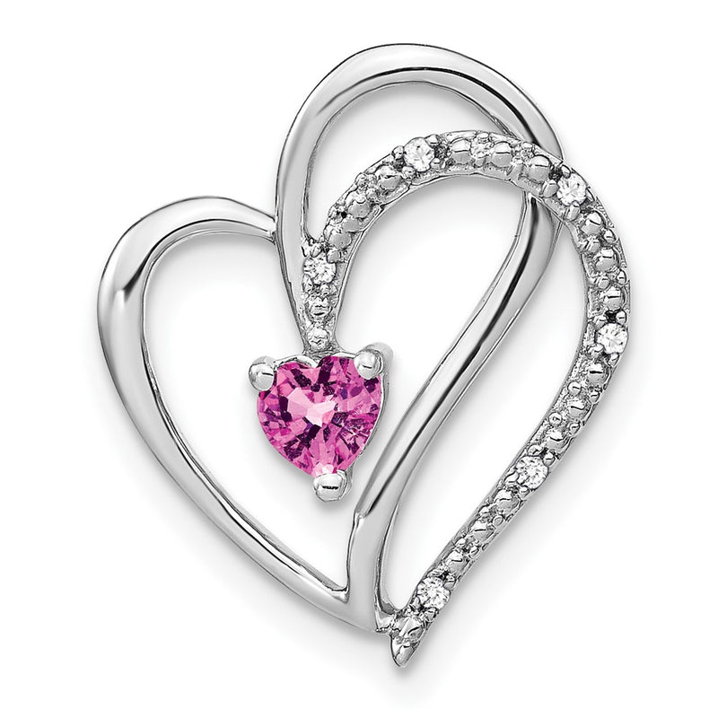 14k White Gold Pink Sapphire and Real Diamond Heart Chain Slide