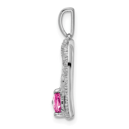 14k White Gold Pink Sapphire and Real Diamond MOM Heart Pendant