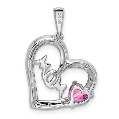 14k White Gold Pink Sapphire and Real Diamond MOM Heart Pendant