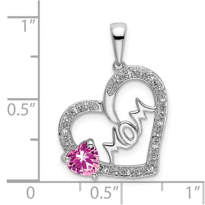 14k White Gold Pink Sapphire and Real Diamond MOM Heart Pendant
