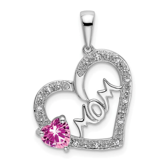 14k White Gold Pink Sapphire and Real Diamond MOM Heart Pendant