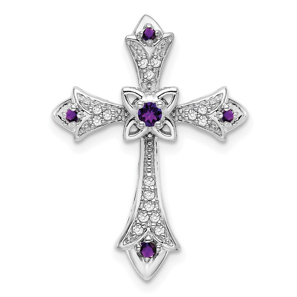 14k White Gold Amethyst and Real Diamond Fleur de Lis Cross Chain Slide