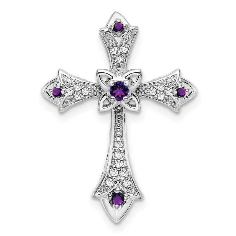 14k White Gold Amethyst and Real Diamond Fleur de Lis Cross Chain Slide