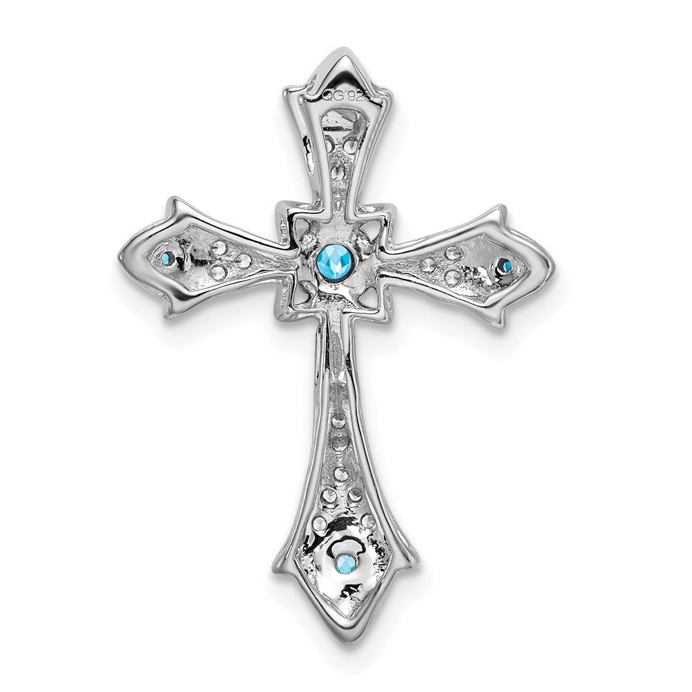 14k White Gold Blue Topaz and Real Diamond Fleur de Lis Cross Chain Slide