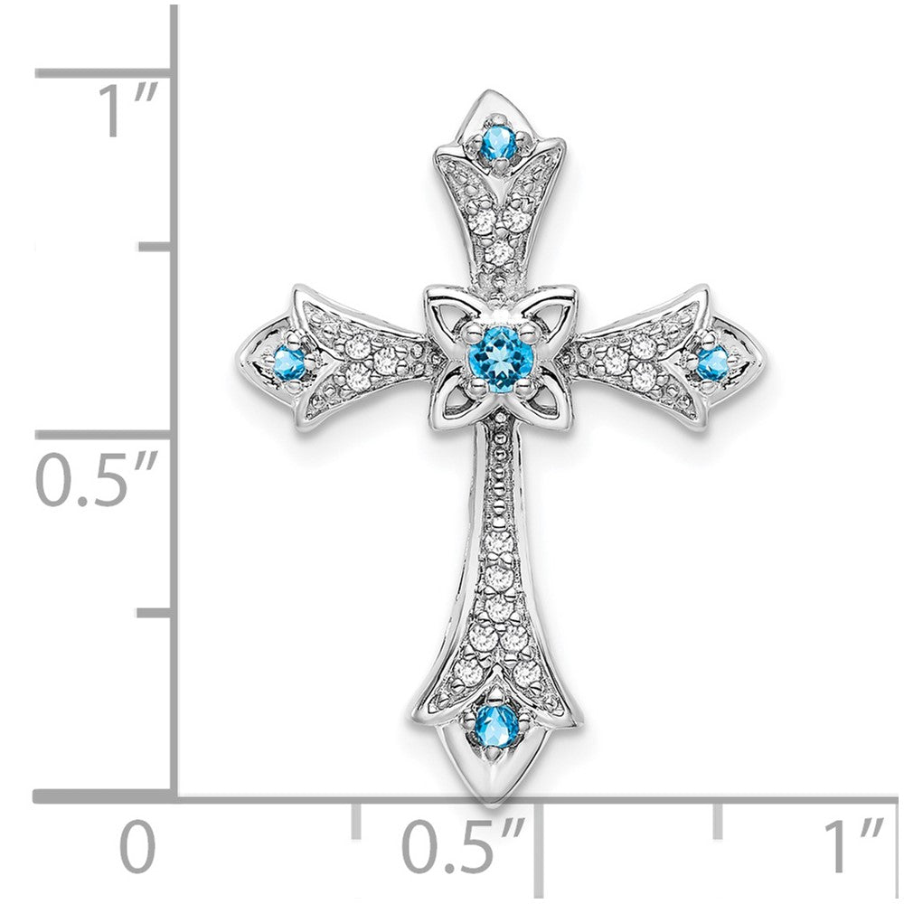 14k White Gold Blue Topaz and Real Diamond Fleur de Lis Cross Chain Slide