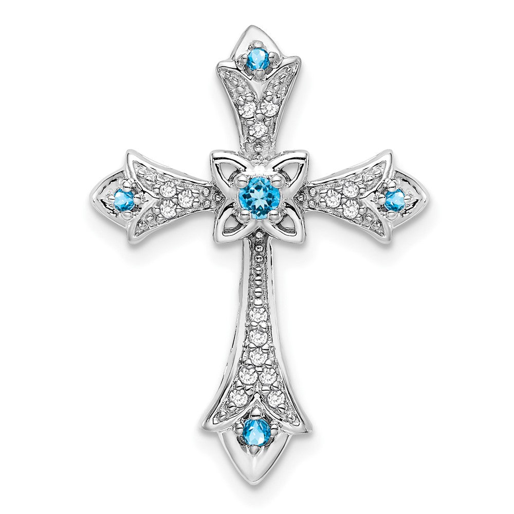 14k White Gold Blue Topaz and Real Diamond Fleur de Lis Cross Chain Slide