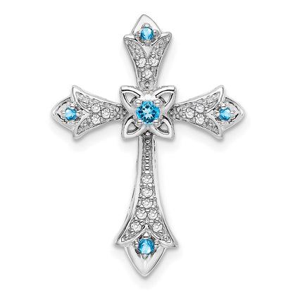 14k White Gold Blue Topaz and Real Diamond Fleur de Lis Cross Chain Slide