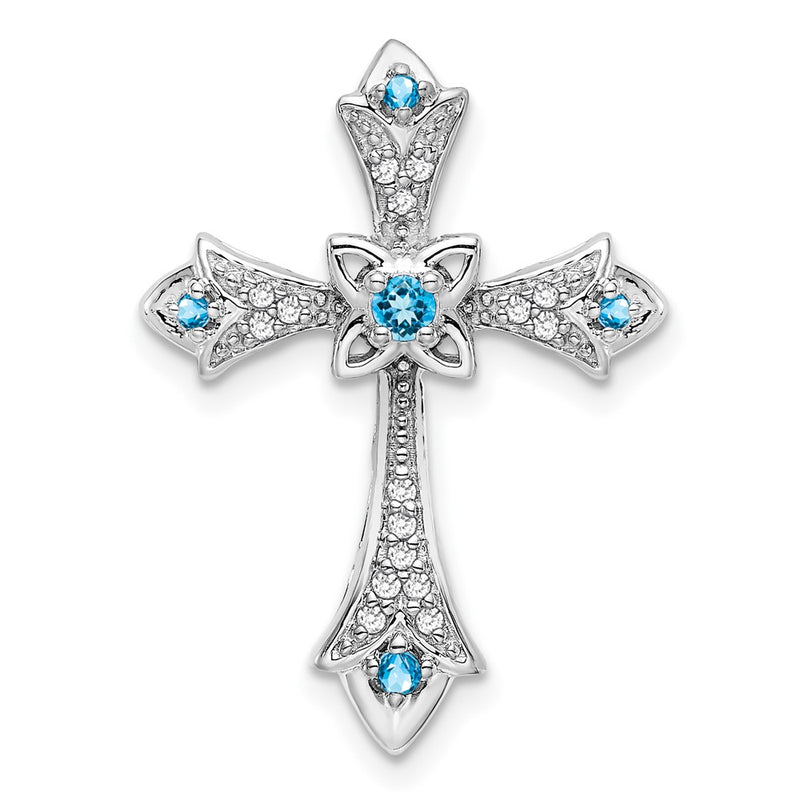 14k White Gold Blue Topaz and Real Diamond Fleur de Lis Cross Chain Slide