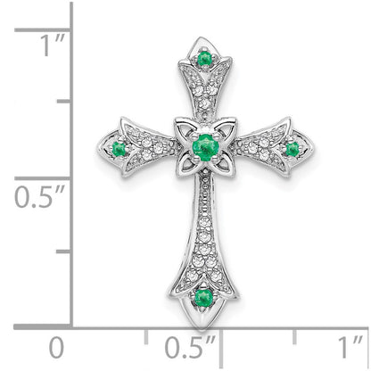 14k White Gold Emerald and Real Diamond Fleur de Lis Cross Chain Slide
