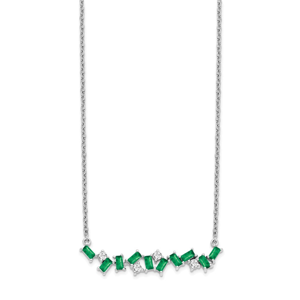 14k White Gold Emerald and Real Diamond 18 in. Bar Necklace