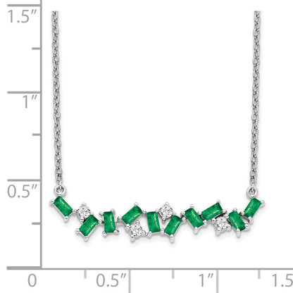 14k White Gold Emerald and Real Diamond 18 in. Bar Necklace