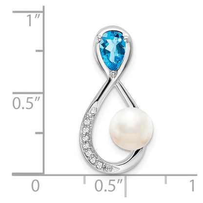 14K White Gold Blue Topaz/FWC Pearl/Real Diamond Infinity Chain Slide