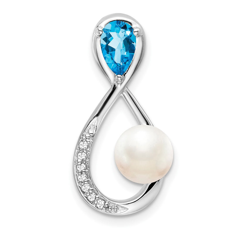 14k White Gold Blue Topaz/FWC Pearl/Real Diamond Infinity Chain Slide