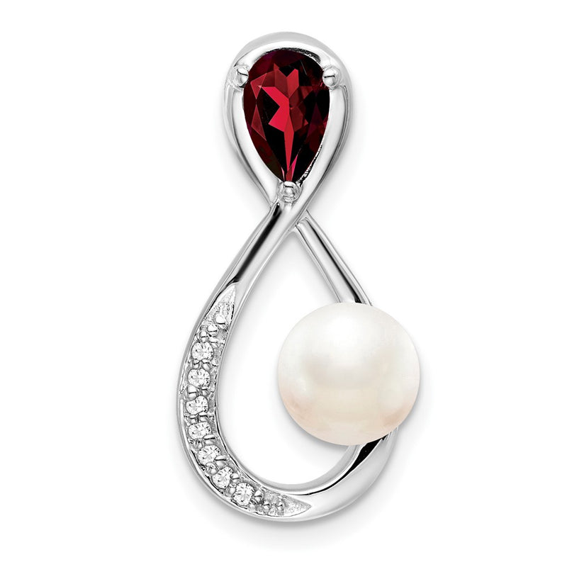 14k White Gold Garnet/FWC Pearl/Real Diamond Infinity Chain Slide
