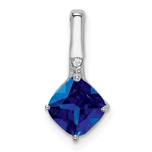 14k White Gold Cushion Sapphire and Real Diamond Pendant