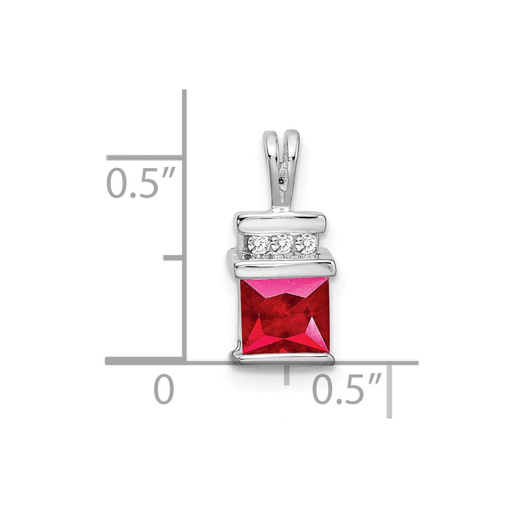 14k White Gold Square Ruby and Real Diamond Pendant