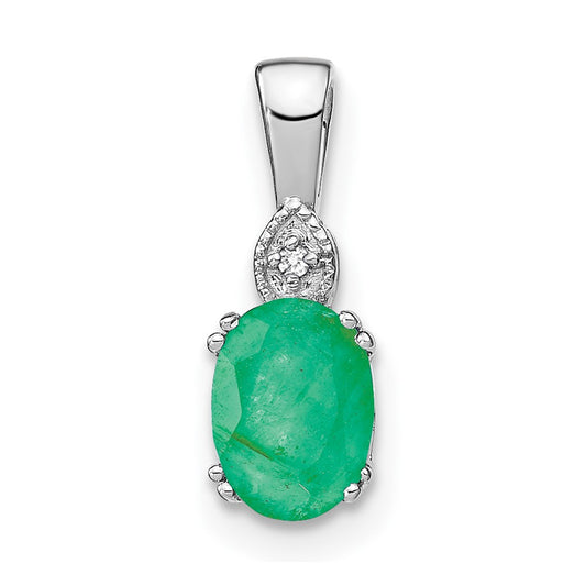 14k White Gold Oval Emerald and Real Diamond Pendant