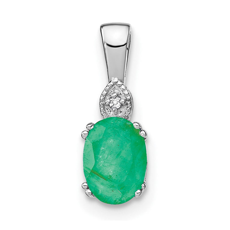 14k White Gold Oval Emerald and Real Diamond Pendant
