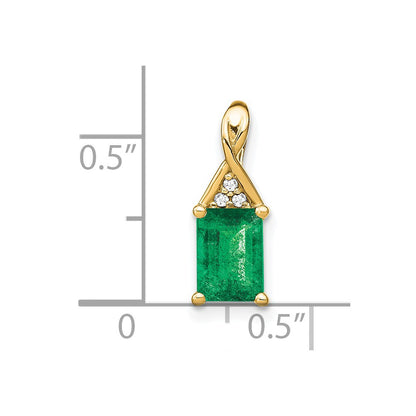 14K Yellow Gold Rectangle Emerald and Real Diamond Pendant