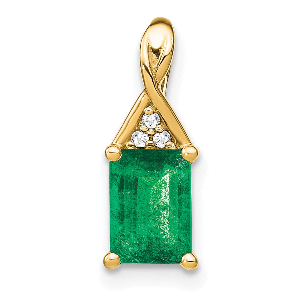 14K Yellow Gold Rectangle Emerald and Real Diamond Pendant