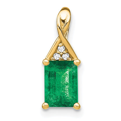 14K Yellow Gold Rectangle Emerald and Real Diamond Pendant