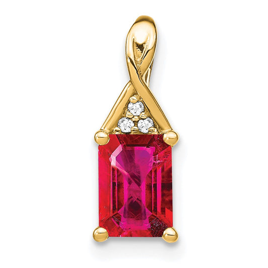 14K Yellow Gold Emerald-shape Ruby and Real Diamond Pendant