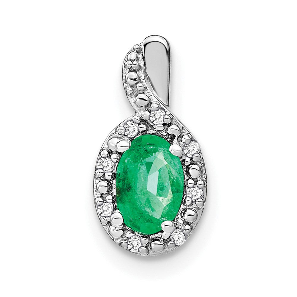 14k White Gold Oval Emerald and Real Diamond Pendant