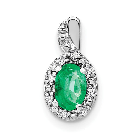 14k White Gold Oval Emerald and Real Diamond Pendant