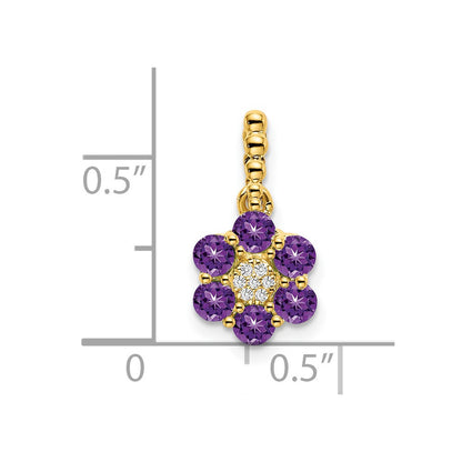 14K Yellow Gold Amethyst and Real Diamond Floral Pendant