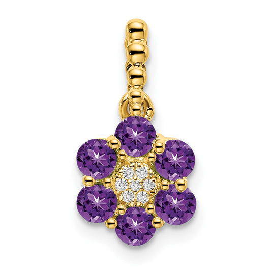 14K Yellow Gold Amethyst and Real Diamond Floral Pendant