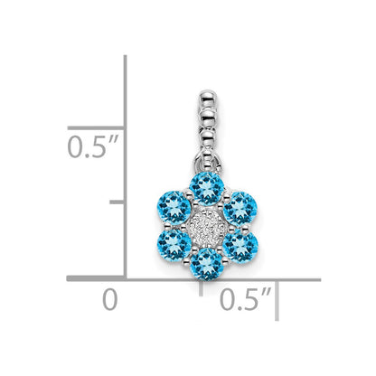 14k White Gold Blue Topaz and Real Diamond Floral Pendant