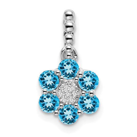 14k White Gold Blue Topaz and Real Diamond Floral Pendant