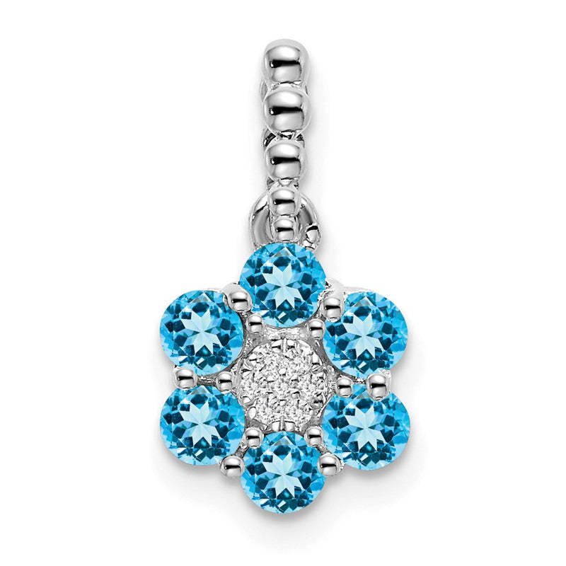14k White Gold Blue Topaz and Real Diamond Floral Pendant