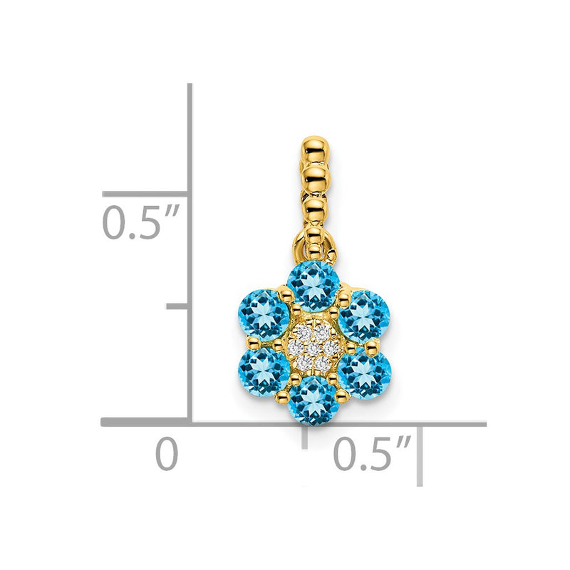 14K Yellow Gold Blue Topaz and Real Diamond Floral Pendant