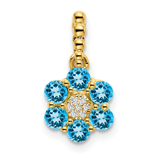 14K Yellow Gold Blue Topaz and Real Diamond Floral Pendant