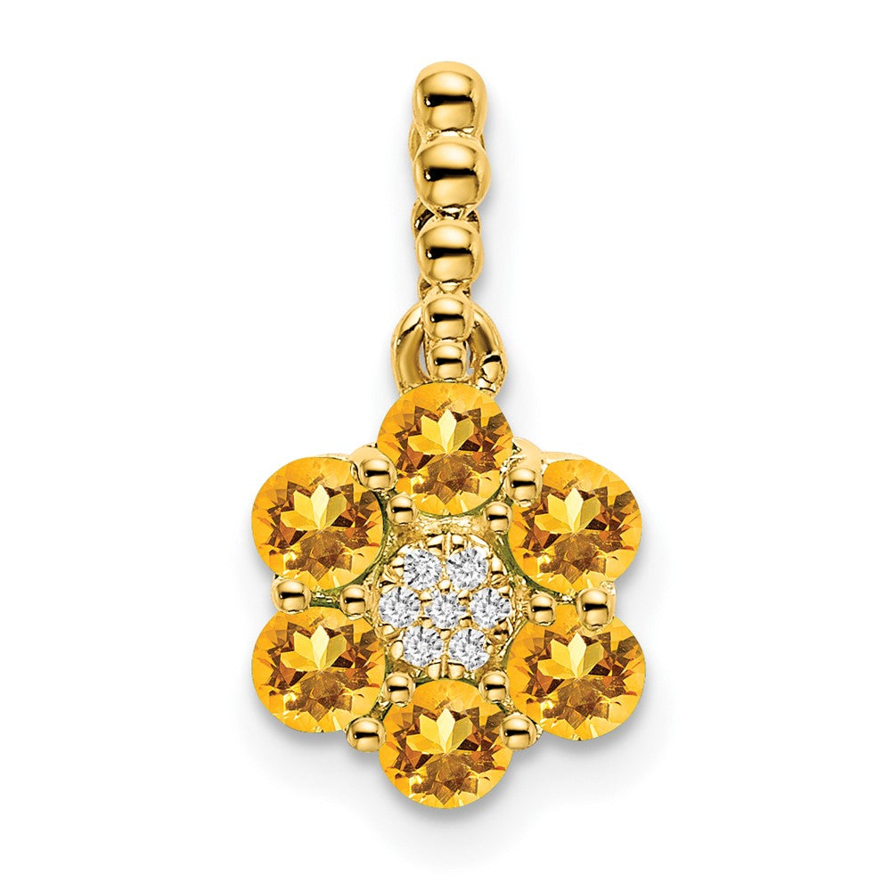 14K Yellow Gold Citrine and Real Diamond Floral Pendant