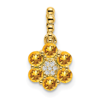 14K Yellow Gold Citrine and Real Diamond Floral Pendant