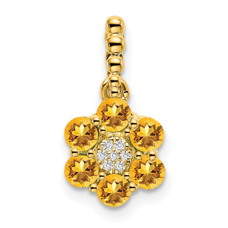 14K Yellow Gold Citrine and Real Diamond Floral Pendant