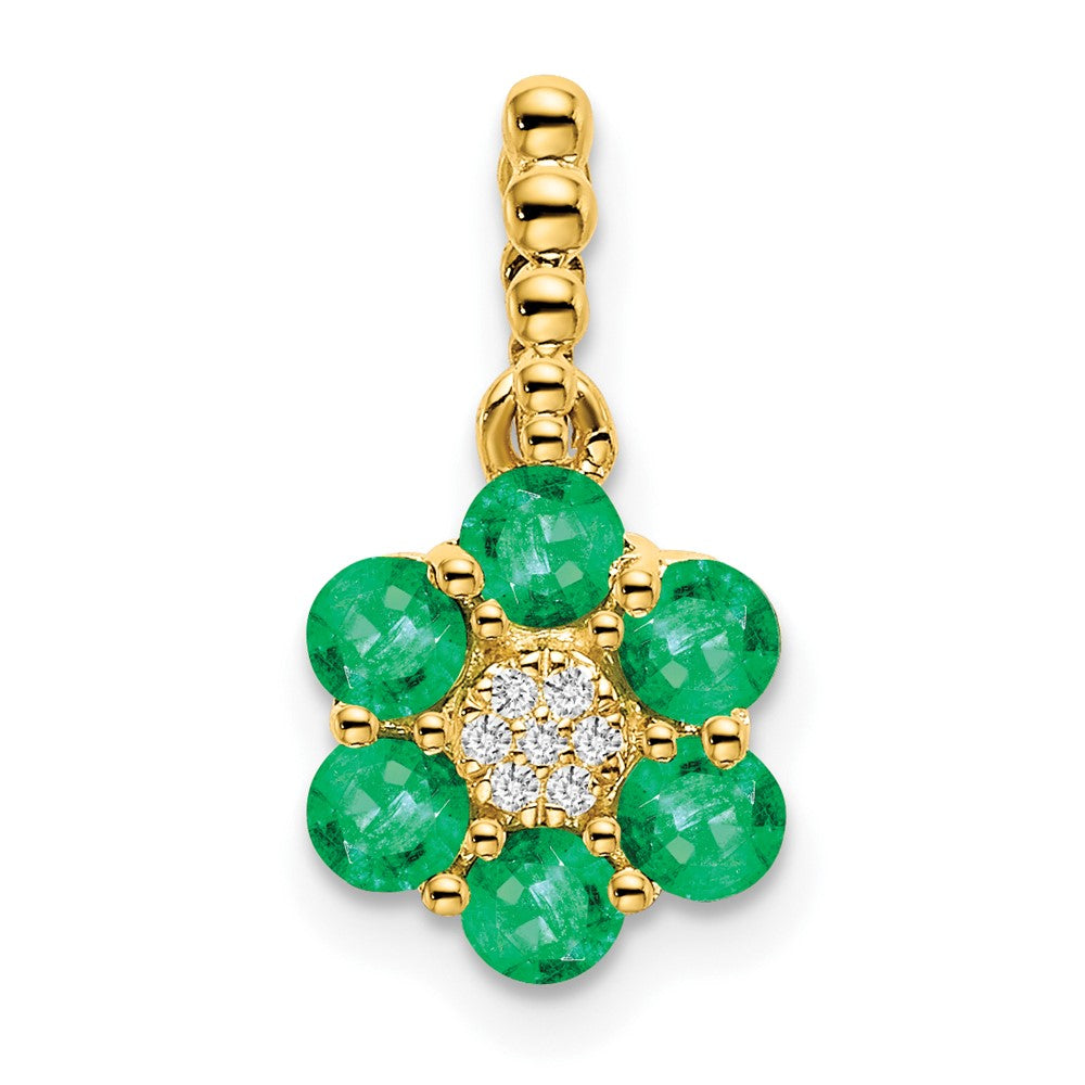 14K Yellow Gold Emerald and Real Diamond Floral Pendant