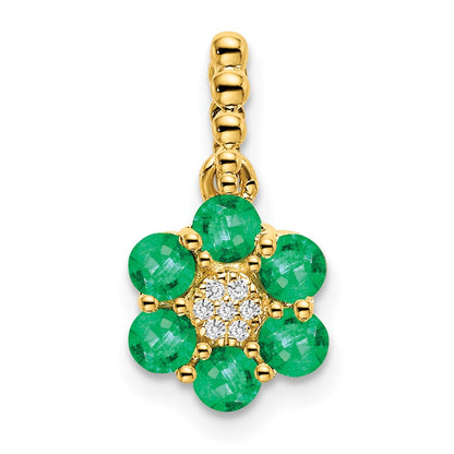 14K Yellow Gold Emerald and Real Diamond Floral Pendant