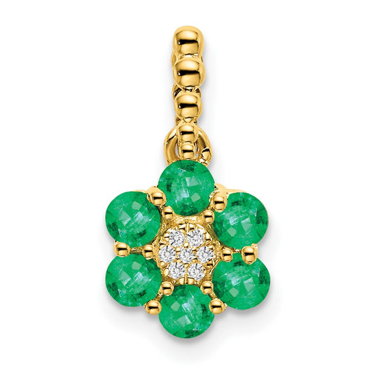 14K Yellow Gold Emerald and Real Diamond Floral Pendant