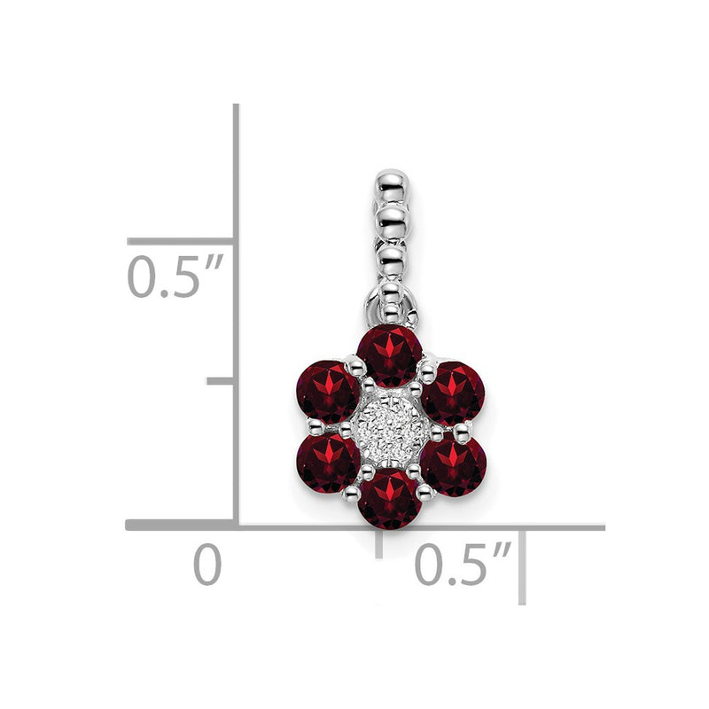 14k White Gold Garnet and Real Diamond Floral Pendant