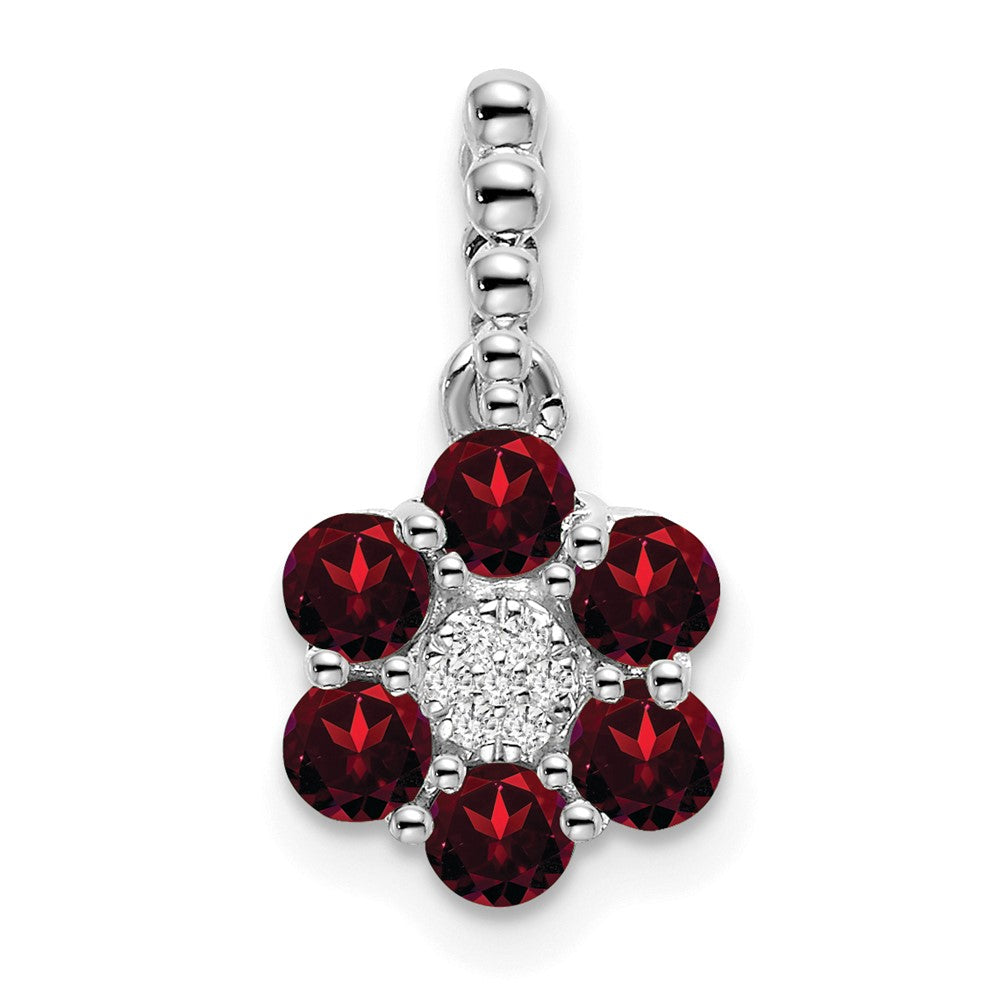 14k White Gold Garnet and Real Diamond Floral Pendant