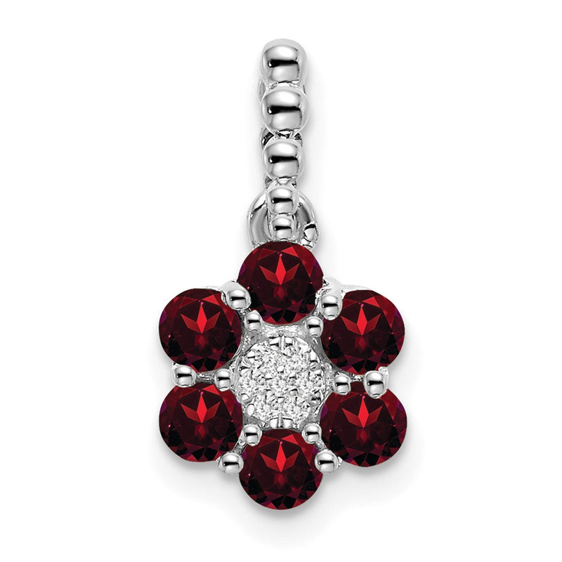 14k White Gold Garnet and Real Diamond Floral Pendant