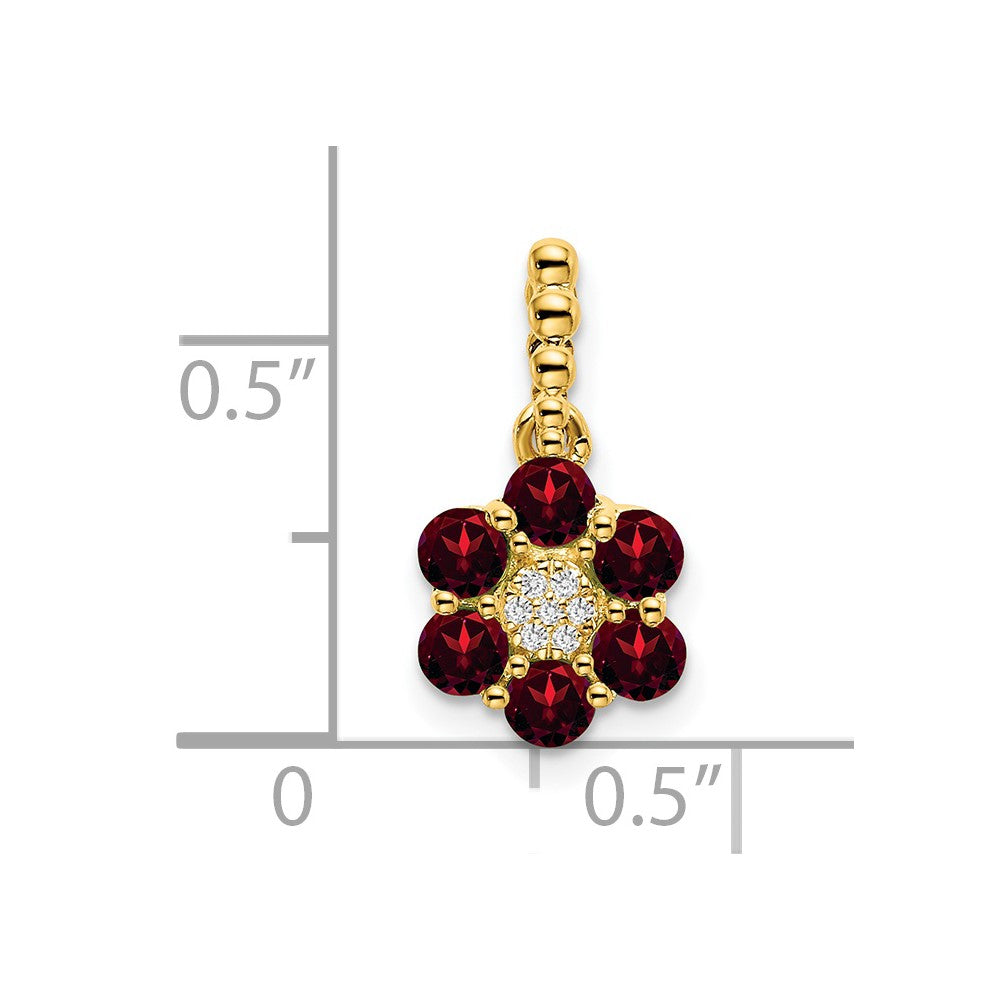 14K Yellow Gold Garnet and Real Diamond Floral Pendant