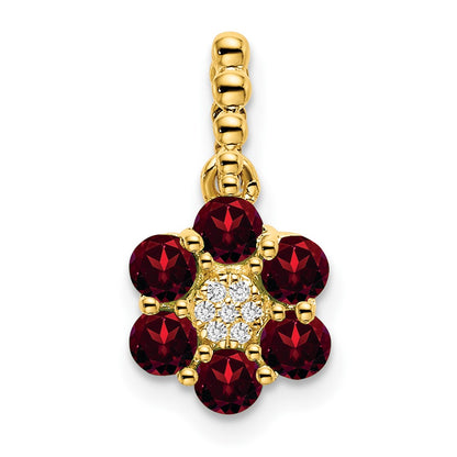14K Yellow Gold Garnet and Real Diamond Floral Pendant