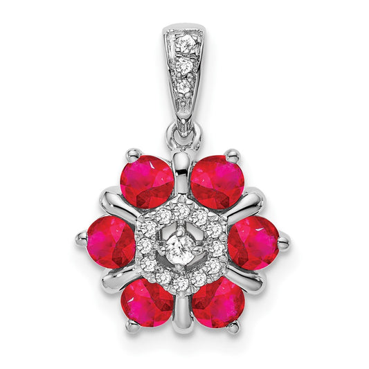 14k White Gold Ruby and Real Diamond Floral Pendant